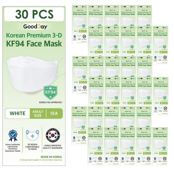 FLEXMON (PACK OF 30) White KF94 Face Masks 4-Layer Filters Breathable Comfortable Protection, Korea, Disposable Protective, Nose Mouth Covering Dust Mask Made in Korea. pm2.5Filters, White Color