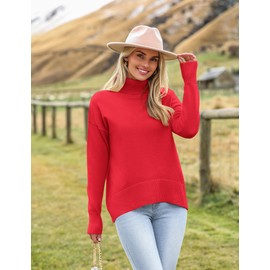 Zeagoo Women's Turtleneck Sweater 2026 Fall Winter Chunky Knitted Pullover High Low Hem Trendy Basic Jumper Top Red