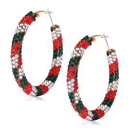 NLCAC Christmas Glitter Hoop Earrings Santa Xmas Sparkle Resin Rhinestone Wrapped Hoop Dangle Earrings for Women (Christmas Red Green)