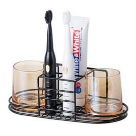 Toothbrush Holder with Cup Holder Electric Toothbrush Toothpaste Holder, Stainless Steel Bathroom Stand or Wall-Mounted Black