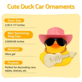 wonuu Car Dashboard Decor Guitar Rubber Duck, Car Ducks Ornaments with Mini Cowboy Hat Necklace Sunglasses, Light Pink