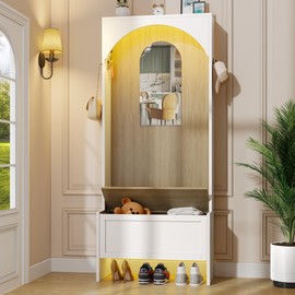 Nosepen 71.65" Hall Tree with Bench and Shoe Storage, 7-in-1 Entryway Storage Bench with 4 Coat Rack & 6 Shoe Cubbies & Mirror & Sensor Light, Shoe Rack Organizer for Entryway, White and Brown