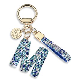 Pink Blue White Initial Letter Keychain Gift for Women Girls Bling Sparkly Cute Backpack Car Key Accessories Lanyard (M-blue)