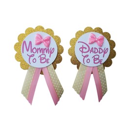 2 Mommy to Be & Daddy to Be Girl Baby Shower Pins for Parents to wear, Pink & Gold, Bow Ties or Bows Baby Sprinkle