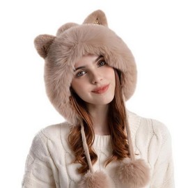 Winter Warm Faux Fur Earflap Beanie Hat for Women Cute Pompom Fuzzy Cat Ear Bucket Hats Khaki