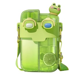 Kawaii Water Bottles with Straw, Fashion Plastic Double Drinking Water Bottle Adjustable Strap for Sports Fitness Gym Camping Water Jug (Lime Green 780ml)