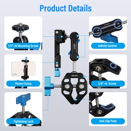 SIRUI Alien Series Magic Arm with Super Clamp Crab, Crab Shaped Clamp Tripod Camera with 1/4 Inch 3/8 Inch 16 Holes for GoPro Camera LED Video Light Articulated Arm Monitor, Black (MA-GK)
