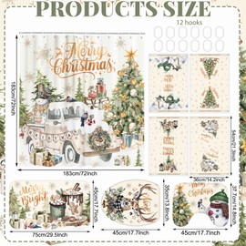 FuWeave 8 Pcs Christmas Shower Curtain Set Xmas Santa Bathroom Decoration Christmas Tree Hand Towels Snowman Toilet Lid Cover Bathroom Rugs Xmas Shower Curtain with Hooks (Vintage Style)