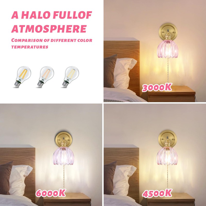 Eemmwet Tulip Wall Sconces Set of 2, Pink Glass Plug