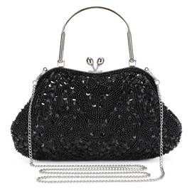 UBORSE Women's 1920s Vintage Clutch Purse Beaded Evening Bag Soft Sequin Top-Handle Handbag Clutch for Wedding Black