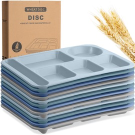 Pinkunn 12 Pcs 14'' Large Divided Plates Unbreakable Wheat Straw Lunch Trays 6 Compartments Cafeteria Trays Microwave Dishwasher Safe Food Separator Plates (Cool Color)