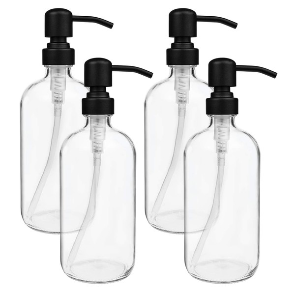 Suwimut 4 Pack Glass Soap Dispenser, 16 Ounce Clear Boston Round Bottles Refillable Hand Soap Dispenser with Matte Black Stainless Steel Rustproof Pump for Bathroom Kitchen Essential Oil, Lotion Soap