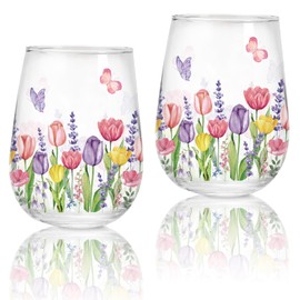 Whaline 2Pcs Spring Summer Stemless Wine Glasses 17oz Tulip Lavender Butterfly Drinking Glasses Watercolor Tumbler Cups for Spring Summer Birthday Party Supplies