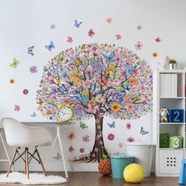 Runtoo Large Tree Wall Decals Tree of Life Butterfly Floral Wall Art Stickers Living Room Girls Bedroom Wall Decor