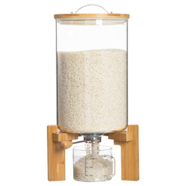 HBlife Glass Rice Dispenser with Wooden Stand Flour and Cereal Container with Glass Measuring Cup Pantry Food Organization Storage Bin with Airtight Bamboo Lid, 5L (8L)