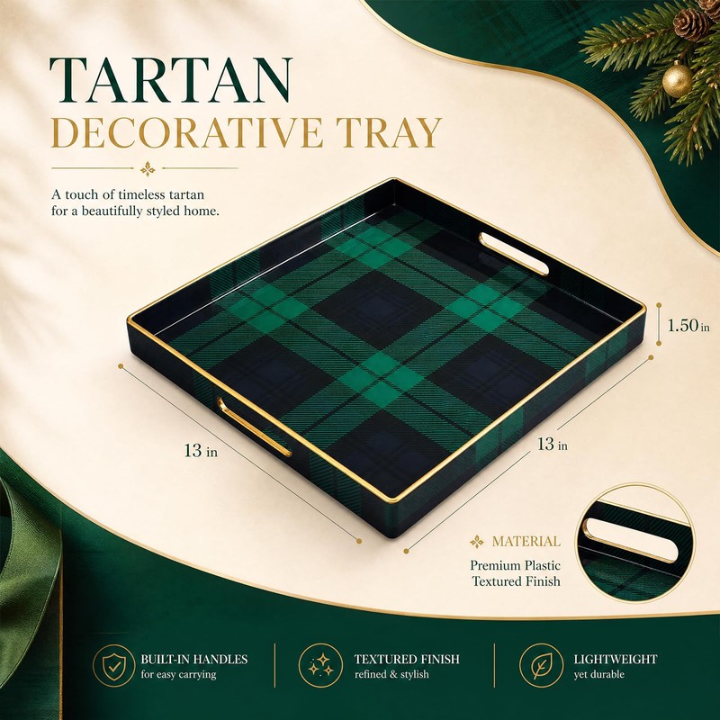 Nuanchu Tartan Christmas Serving Tray, Square Decorative Coffee Table Tray
