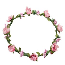 Lofruiin Women's Bohemian Rose Flower Wreath Adjustable Ribbon Bridesmaid Crown Wedding Party Floral Headpiece (Pink, Pack of 1)