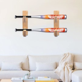 Invech 2 Baseball Bat Holder, Baseball Bat Display Wall Mount, Sturdy Wood Bat Horizontal Rack, Baseball Bat Hanger with Screws & Anchors (Log color)