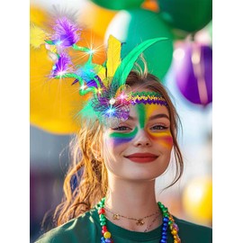Woeoe Mardi Gras Headbands Purple Yellow Green Faux Feather Carnival Headband Fascinators Masquerade Mask Party Cocktail Headwear Rave Costume Hair Accessories for Women