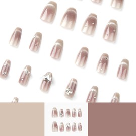 Medium Length Press on Nails Grey-Pink Gradient Cat'S Eye Love Rhinestones Fake Nails Designs,Removable Full Cover Stick on Nails,Artificial False Nails with Glue on Nails for Women 24ps