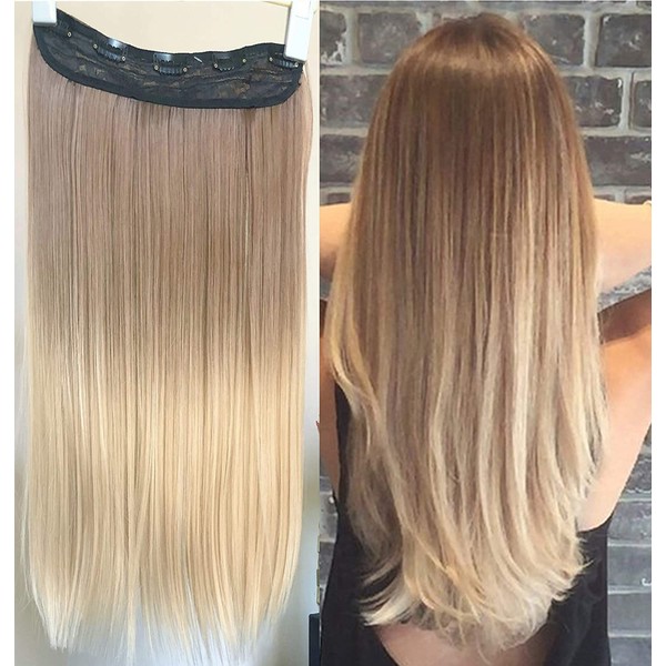 22" One Piece Straight Half Head Ombre Clip in Hair Extensions (22" Straight-Light brown to sandy blonde)