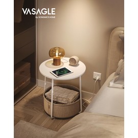 VASAGLE Nightstands, Set of 2 Bedside Tables with Fabric Basket, Small Round Side Tables, End Tables, for Bedroom, Matte White and Camel Brown ULCT665W01
