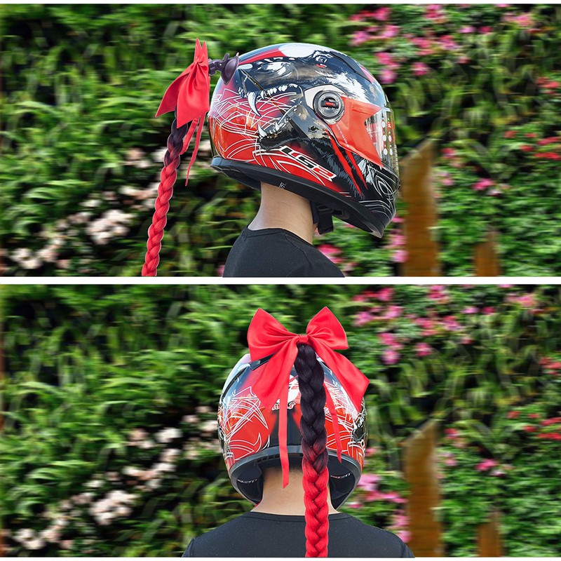 Red Helmet Pigtail Motorcycle Helmet Ponytail Helmet Decor Braids Hair