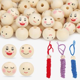 ROYUEXT Pack of 120 Wooden Beads with Face, Smiling Face Head Beads 20 mm with Hole for Crafting Worry Worms, Natural Round Beads Include 4 Styles