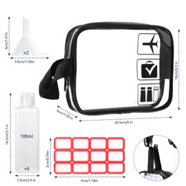 Diboniur Transparent Toiletry Bag - 10 Piece Airplane Travel Set, 6 Travel Bottles 100ml with 2 Small Funnels, Travel Accessories for Shampoo, Cream, Liquid and Lotion