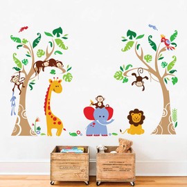 Runtoo Jungle Animals Tree Wall Decals for Nursery Baby Kids Bedroom Monkey Giraffe Elephant Wall Stickers Adventure Wall Décor
