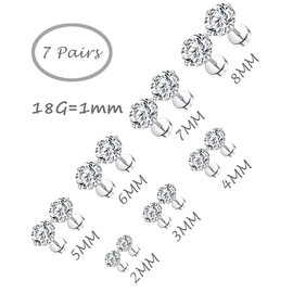 Tornito 7 Pairs 18G Stainless Steel Stud Earrings Round Cubic Zirconia Barbell Earring Set for Men Women 2MM-8MM Silver Tone