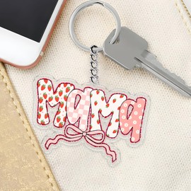 Mama Strawberry Keychains 2 Inches Funny Girly Pink Bow Cute Positive Mom Life, Keychain for Keys, Handbags, Backpacks, Suitcases, Keyrings Acrylic Material DIY Accessories Gifts for Friends Mom Dad