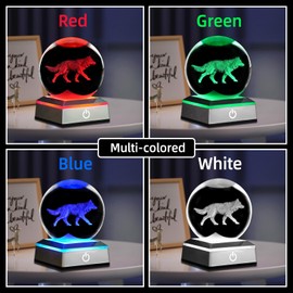 3D Wolf Crystal Ball Night Light 3.15 inch Glass Ball Table Lamp with Color Changing Touch Base Decor Ideal Wolf Statue Decor Gifts for Friends Kids Christmas Birthday