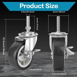 NISUSK 3 Inch Heavy Duty Stem Casters Swivel Wheels with Brake - 3/8" -16 x 1-1/2" (Stem Diameter 3/8", Stem Length 1-1/2"),Set of 4 with Locking Threaded Stem Caster Wheels - Load 600lbs (Grey)