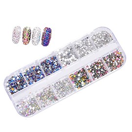 MAHAVIMOKSA 1 Box 2080pcs Flat Back Crystal Rhinestones Round Gems for Nail Art (AB Silver+Blue+Multicolor+White)