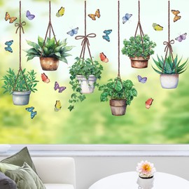 ANHUIB Potted Plant Window Decals Hanging Green Potted Plant Window Stickers Green Leaves Flower Birds Window Decals Tropical Botanical Cactus Window Decals Anti-Collision Glass Sticker