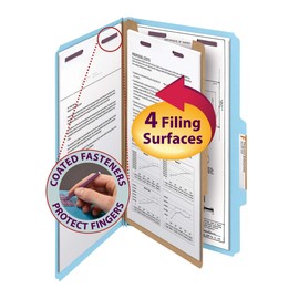 Smead Pressboard Classification File Folder with SafeSHIELD Fasteners, 1 Divider, 2" Expansion, Legal Size, Blue, 10 per Box (18730)