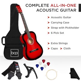 Best Choice Products 38in Beginner All Wood Acoustic Guitar Starter Kit w/Gig Bag, 6 Celluloid Picks, Nylon Strings, Capo, Cloth, Strap w/Pick Holder - Red Burst