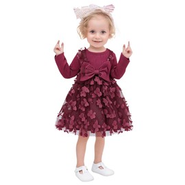 AGQT Toddler Girls Long Sleeve Dress 3D Flower Lace Birthday Winter Dress Vintage Christening Knit Tutu Dress with Headband Wine Red Size 18-24M