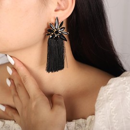 JWICOS Bohemian National Style Tassel Earrings Vintage Drop Dangle Earrings Rhinestone Long Tassel Earrings for Women (Black)