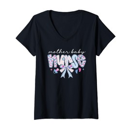 Womens Mother Baby Nurse Coquette Bow Floral MBU Work Postpartum V-Neck T-Shirt