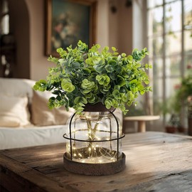 Farmhouse Rustic Primitive Glass Vases Home Decor Vintage Lantern with Green Artificial Eucalyptus Plants & Lights Centerpiece for Shelf Desk Office Counter Coffee Table Dining Room Bathroom Kitchen