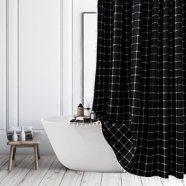 Farmhouse Black Stripe Shower Curtain Boho Gingham Patchwork Fabric Bathroom Curtain Rustic Country Chic Heavy Duty Bath Curtain Set with Tassel - Bohemian Cloth Shower Curtain with Hooks 71x71 Inch