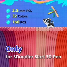 32 Colors 3D Pen Filament Refills (27 Solid +5 Fluorescent) for 3Doodler Start+ Pens, Low Temp Safe PCL 2.5mm Dia, 15cm per Color x5 Strands, 79 feet Total Refill Pack Only Fit 3Doodler Start+ 3D Pen