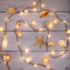 Beach Theme Hemp Conch String Lights | 7.2FT & 39LEDs & Conch - Seashell | Battery Powered & Timer Remote