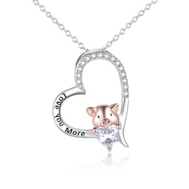 YFN Rose Gold Pig Necklace Sterling Silver Love You More Heart Necklace Piggy Gifts for Women, Sterling Silver, Cubic Zirconia