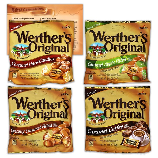 Werthers Hard Candy Variety Pack of 4 Flavors - 2.65 Ounce Bags | 1 Bag Each Flavor | Bundled with Ballard Caramel Sauce Recipe Card