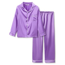 Beezizac Little & Big Girls Pajama Set Size 8 - Purple Satin Silky Cute Fall Winter Long Outfit