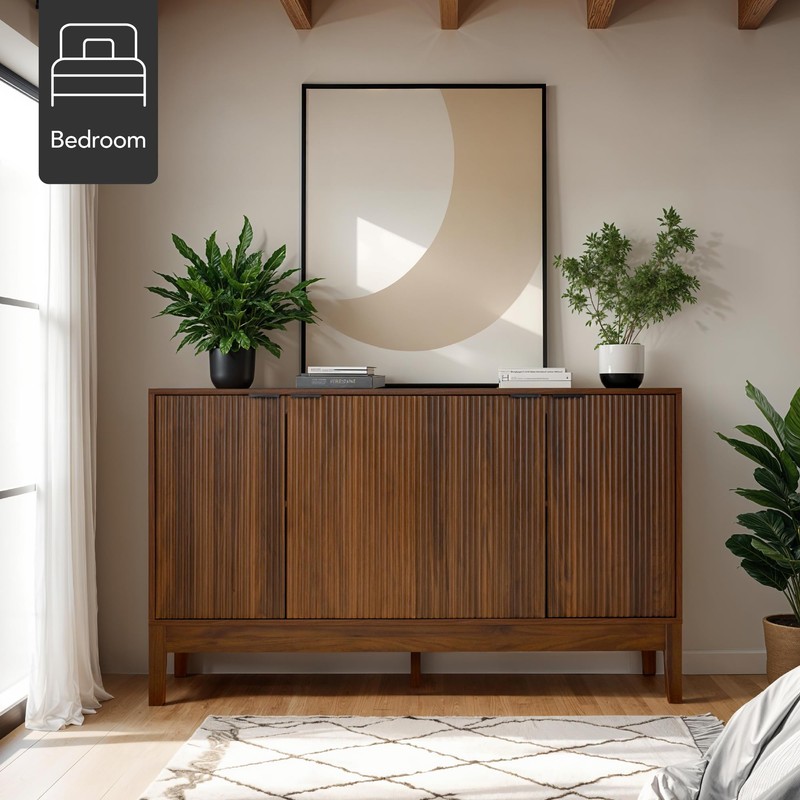 Best Choice Products 4-Door Large Reeded Storage Cabinet, Buffet Sideboard,