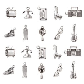 Ornazy 50 pcs 10 Styles Tibetan 80s Charms Television Telephone Type Radio Skateboard Charms Antique Silver Lollipop Guitar Charms for Jewelry Making